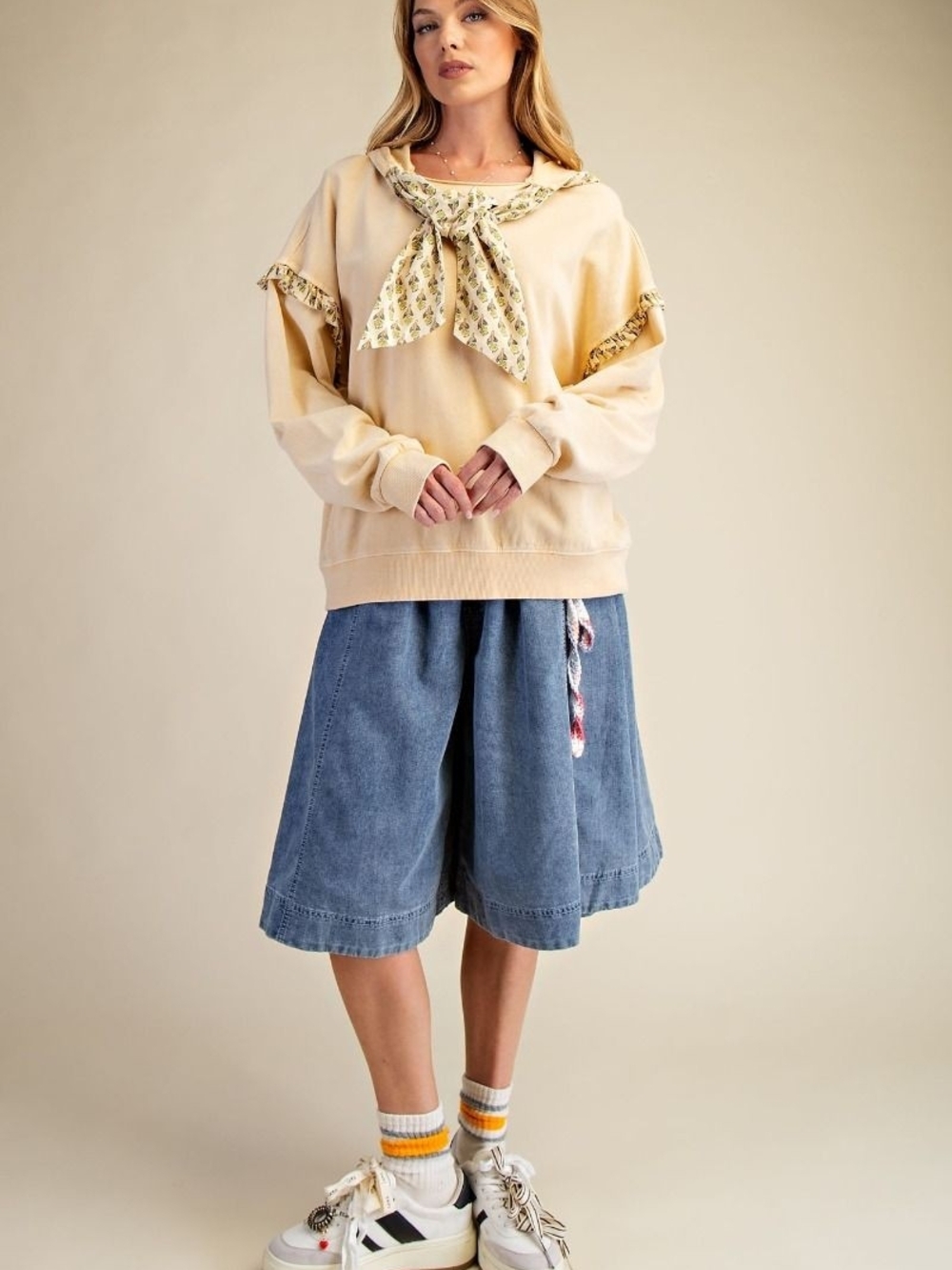 3-0908 Easel Cream Vintage Print Hooded Ruffle Tie-Neck Sweatshirt - Womens - Picture 2 of 5